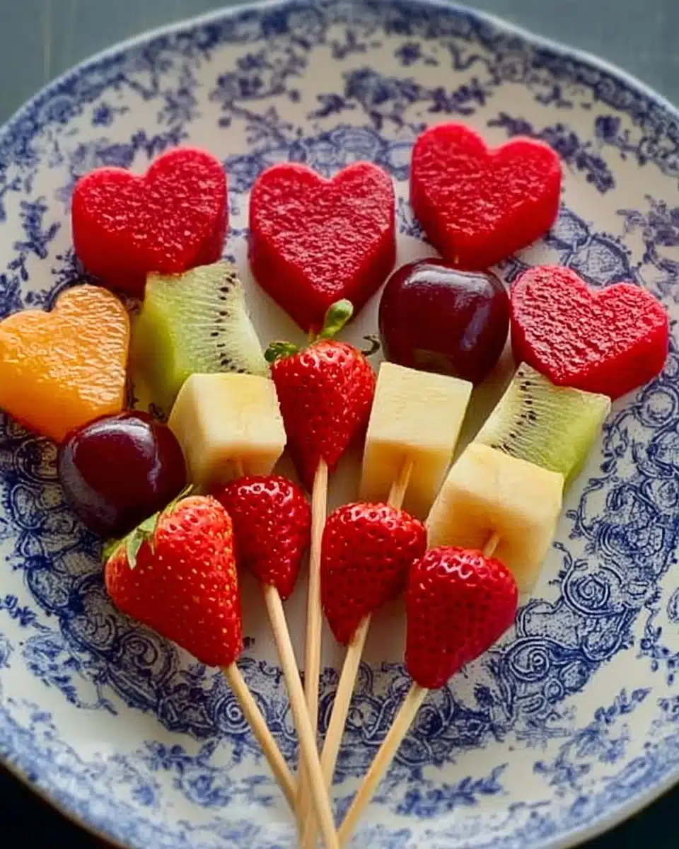 Colorful fruit kebabs made with fresh fruits and served on skewers.