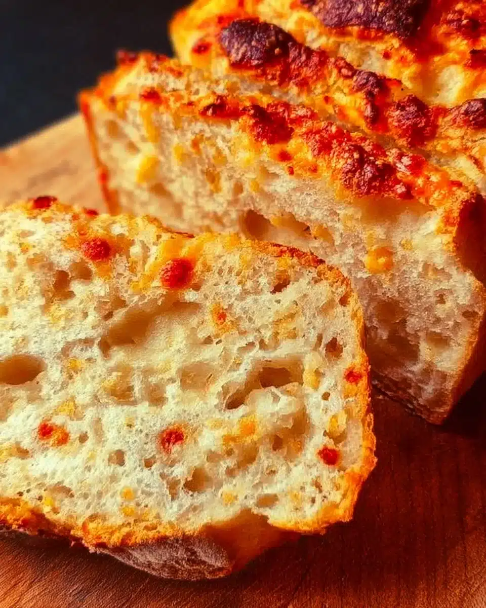 Freshly baked easy cheese bread served on a wooden board