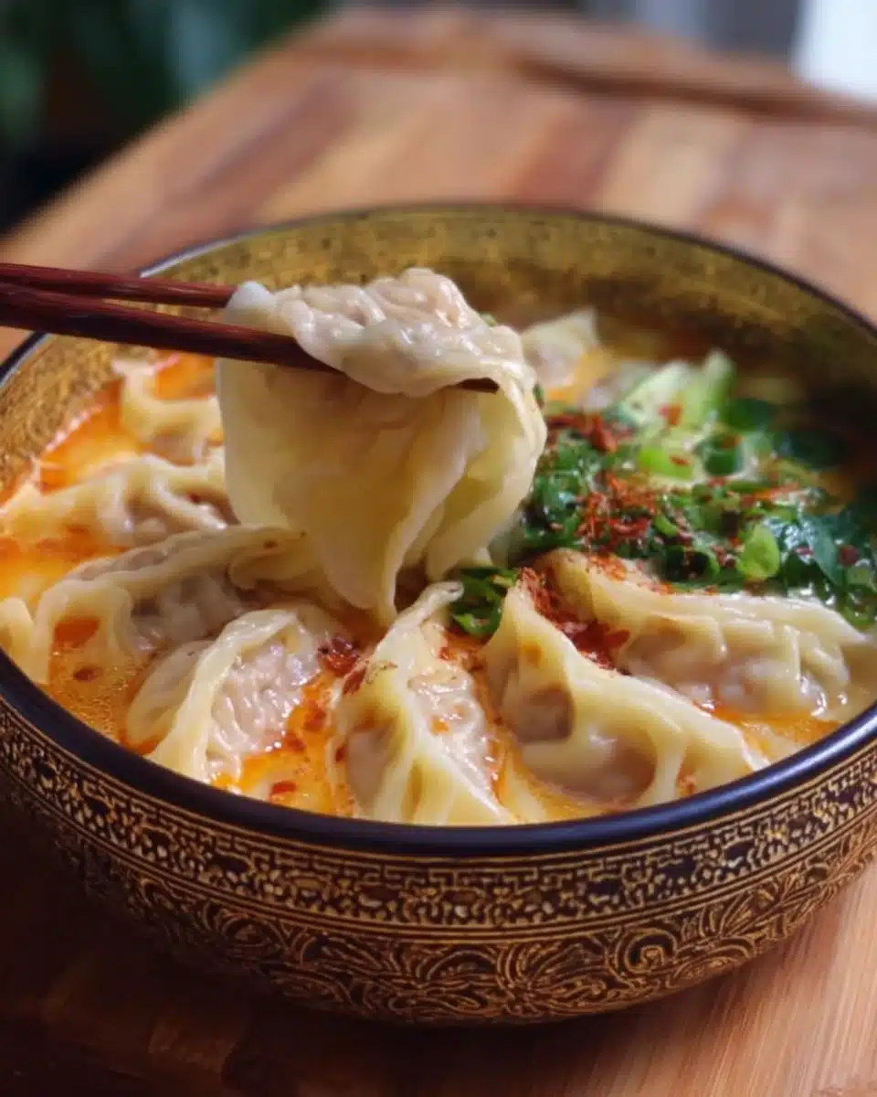 Bowl of easy dumpling soup with dumplings and vegetables