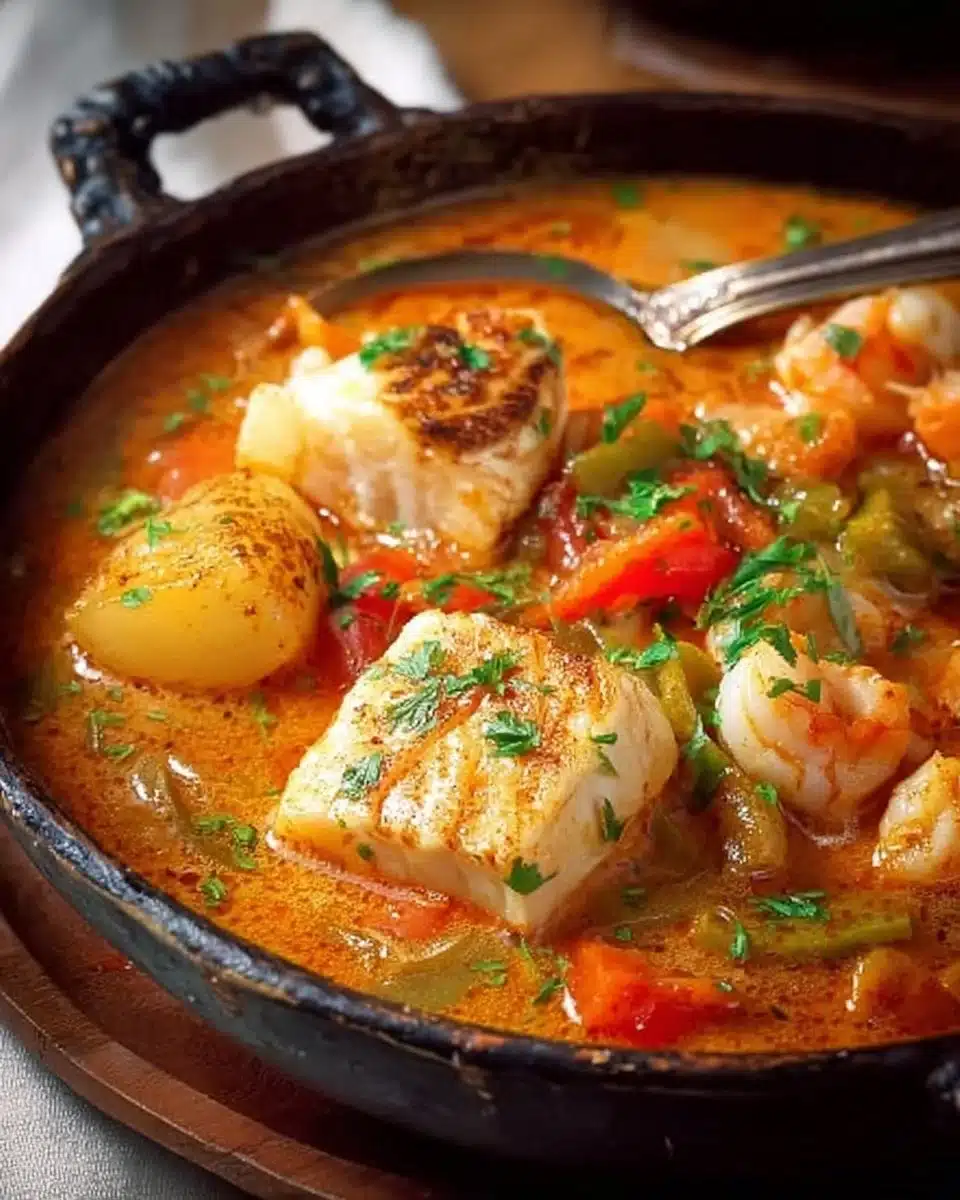A delicious bowl of easy fish stew with fresh ingredients