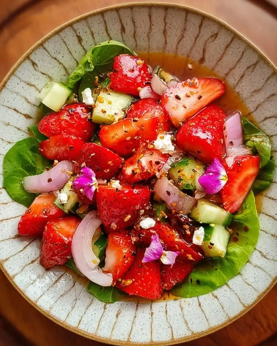 Fresh strawberry salad with vinaigrette dressing in a bowl