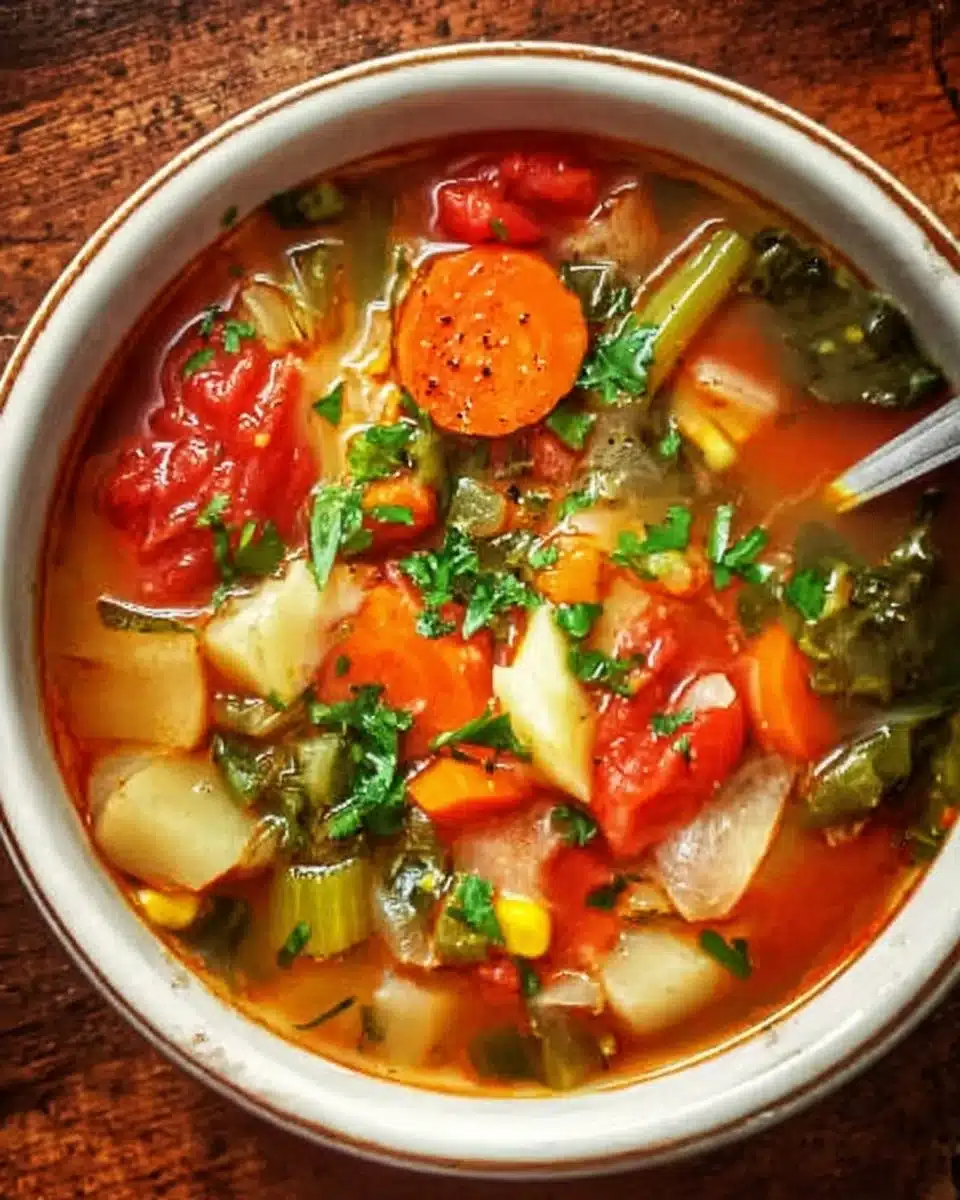 Bowl of easy vegetable soup filled with colorful vegetables and fresh herbs.