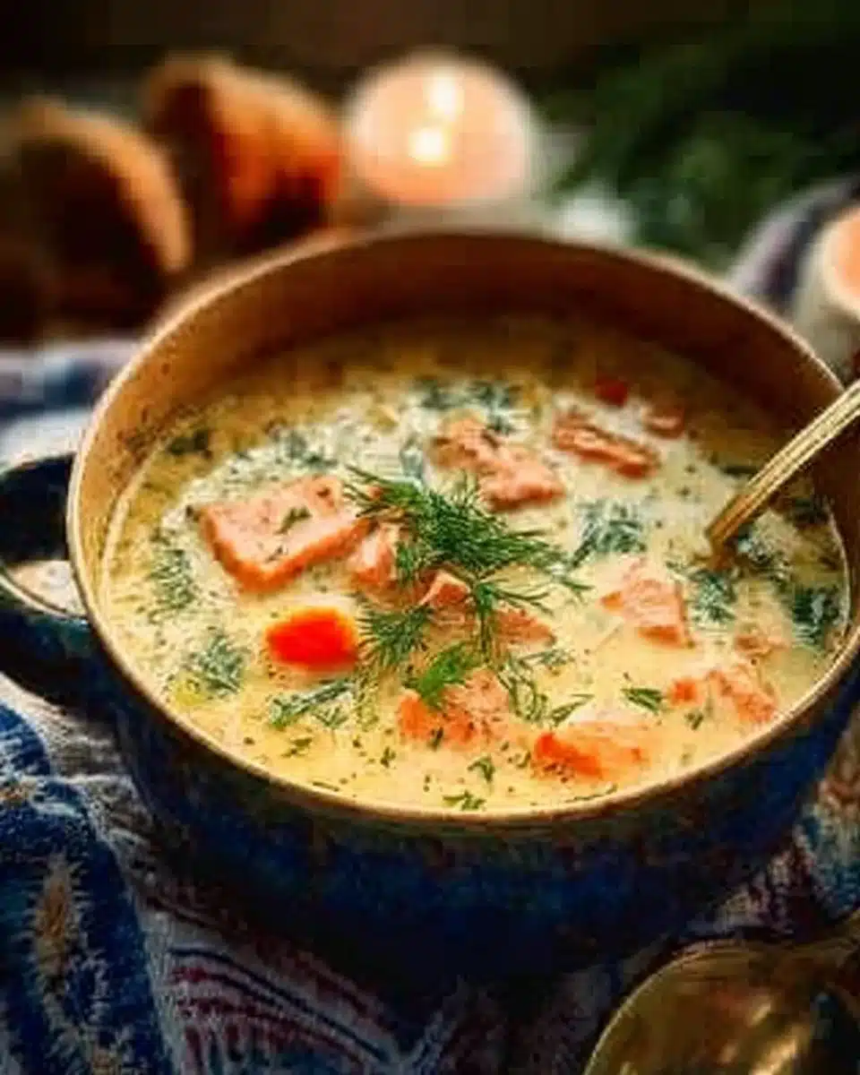 Bowl of Finnish salmon soup topped with fresh herbs and vegetables