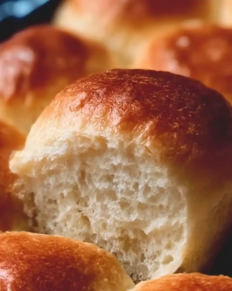 Freshly baked fluffy dinner rolls on a wooden table