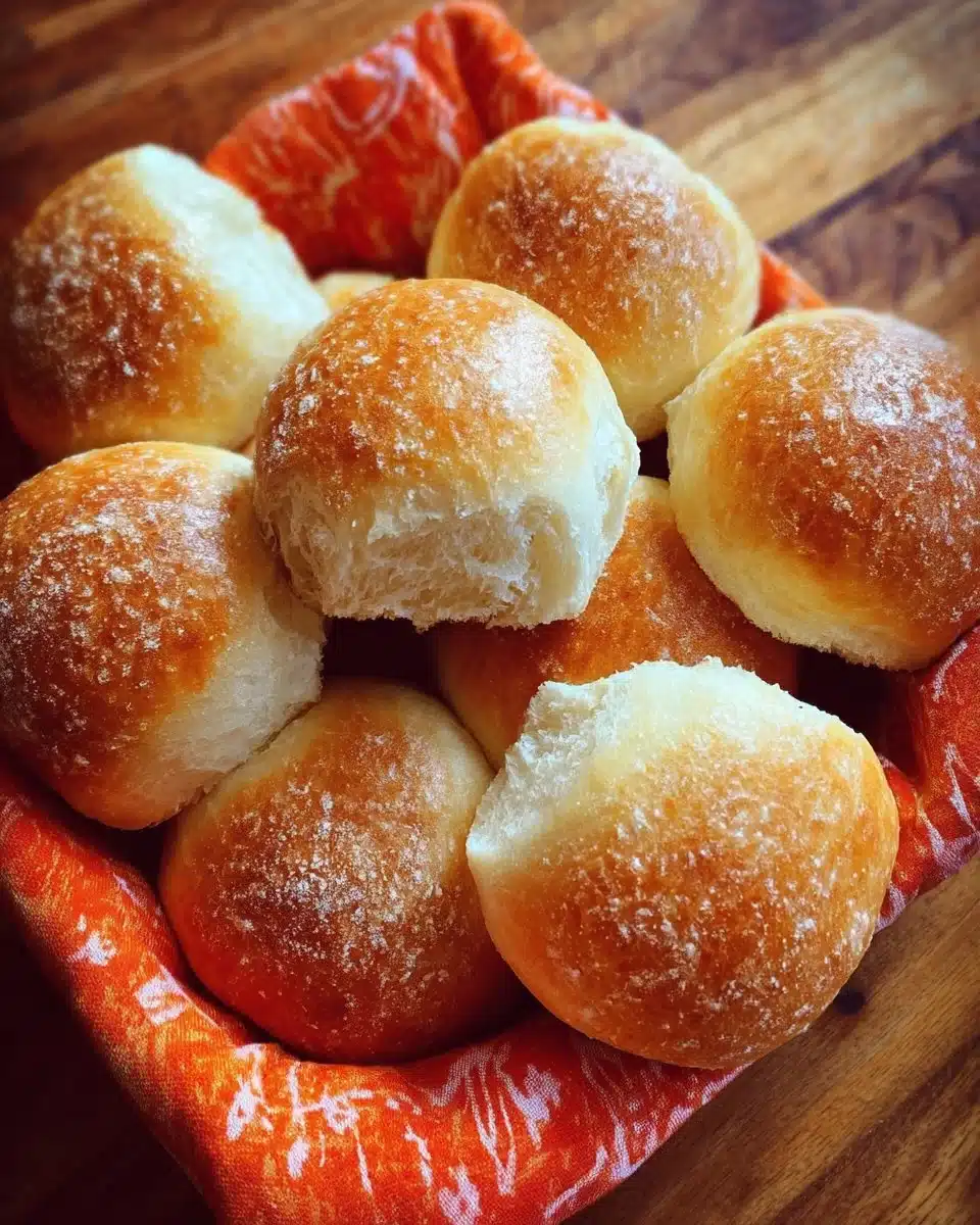 Freshly baked French bread dinner rolls on a wooden table.