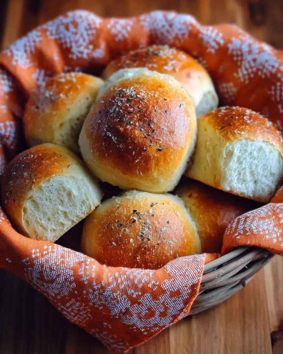 Freshly baked French bread dinner rolls on a rustic wooden table.