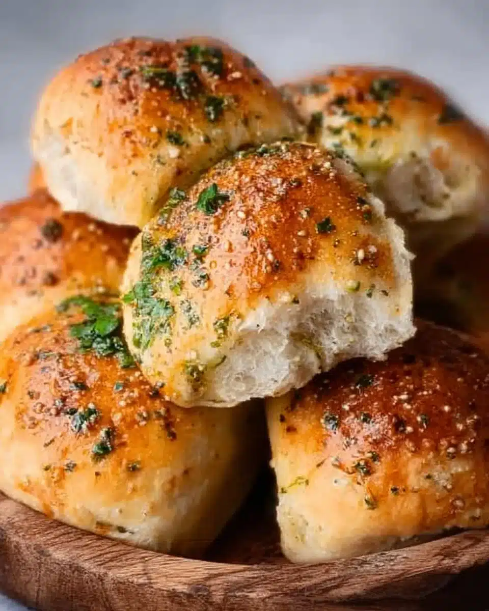 Freshly baked garlic bread rolls with herbs and butter