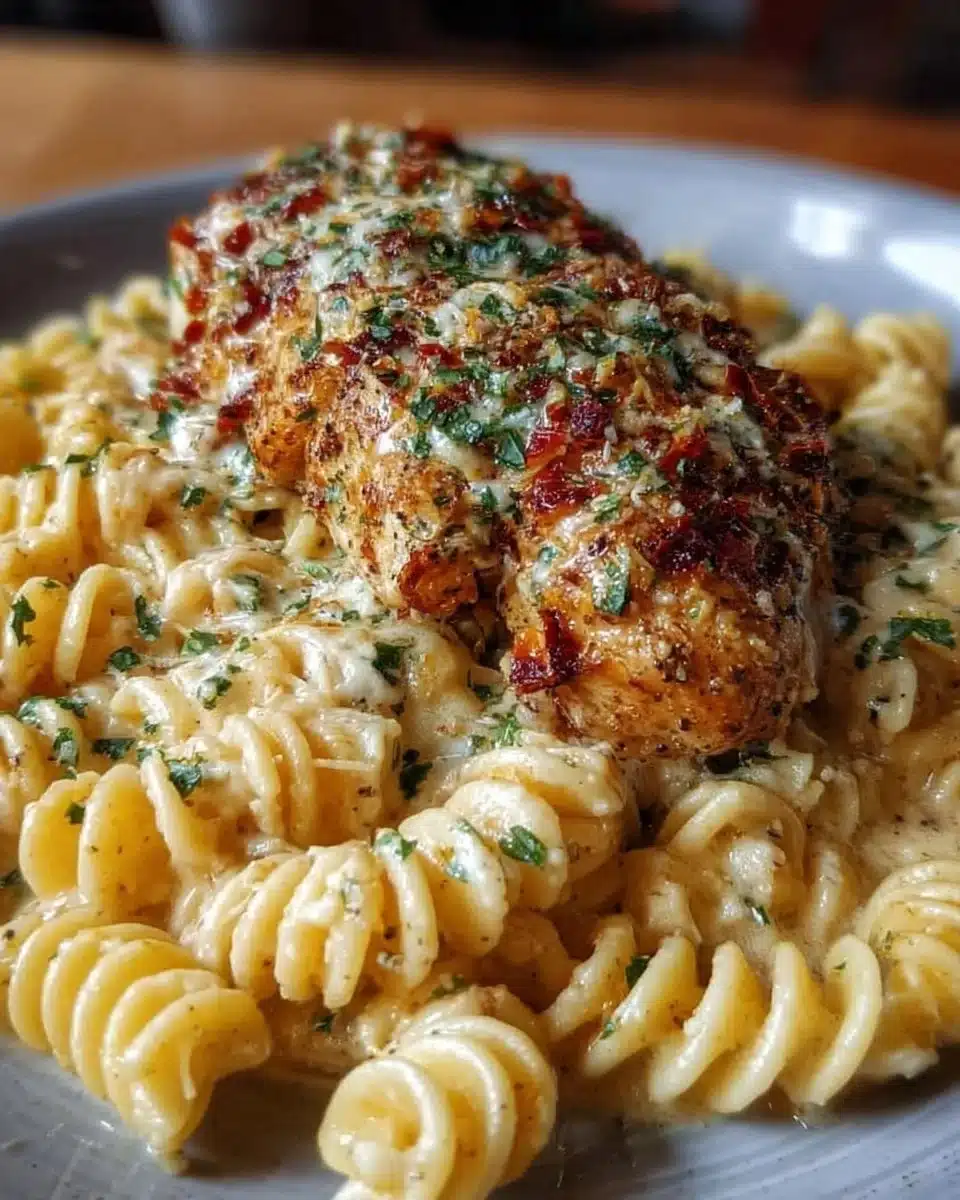 Delicious Garlic Parmesan Chicken served with Twisted Pasta on a plate