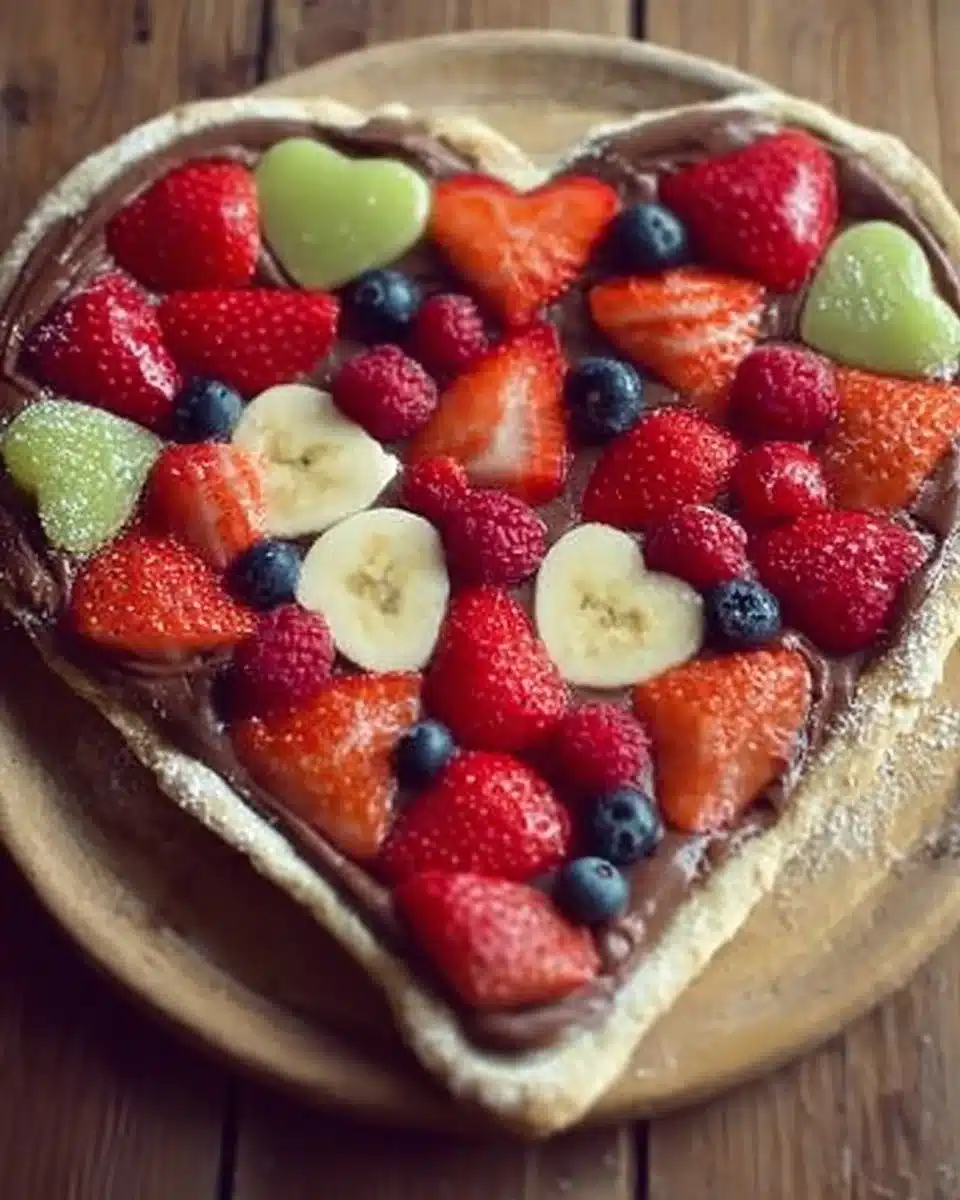 Heart-shaped fruit pizza topped with vibrant fruits and a creamy base.