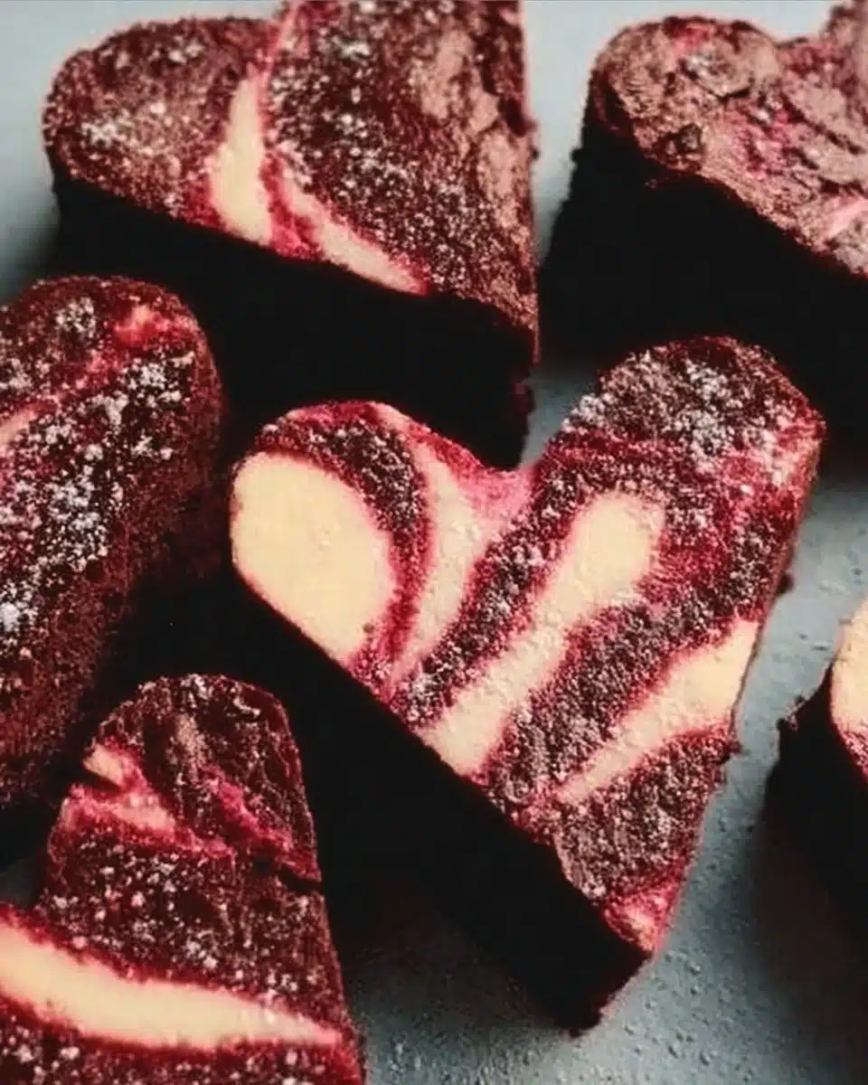 Heart-shaped brownies on a plate, decorated with chocolate drizzle and sprinkles