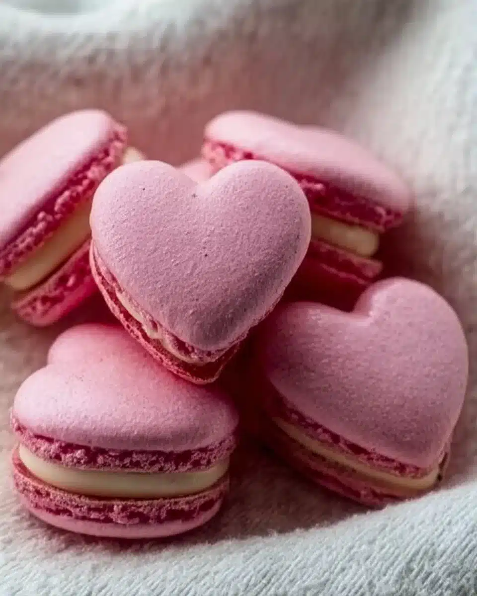 Heart-shaped macarons in various colors and flavors, perfect for gifts.
