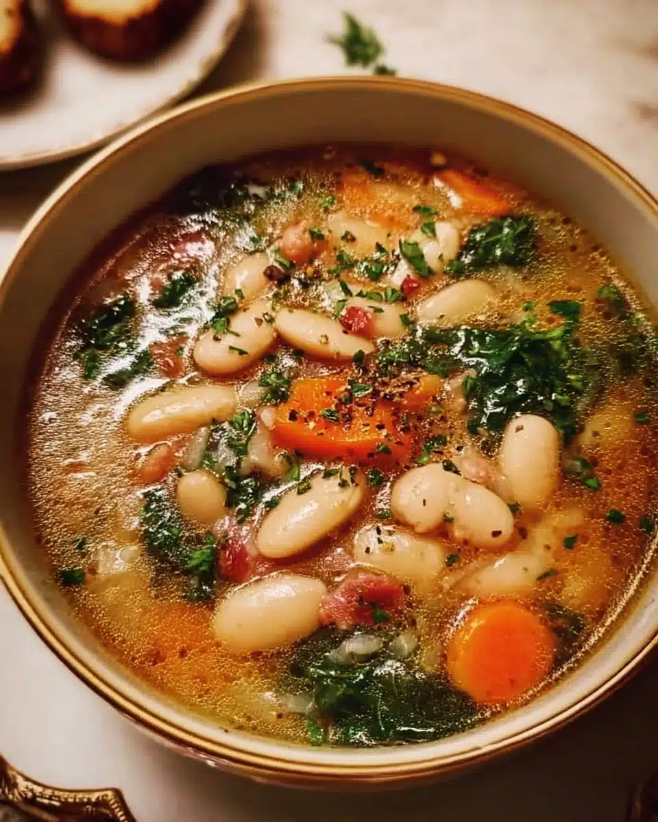 Bowl of hearty Tuscan White Bean Soup garnished with herbs and bread