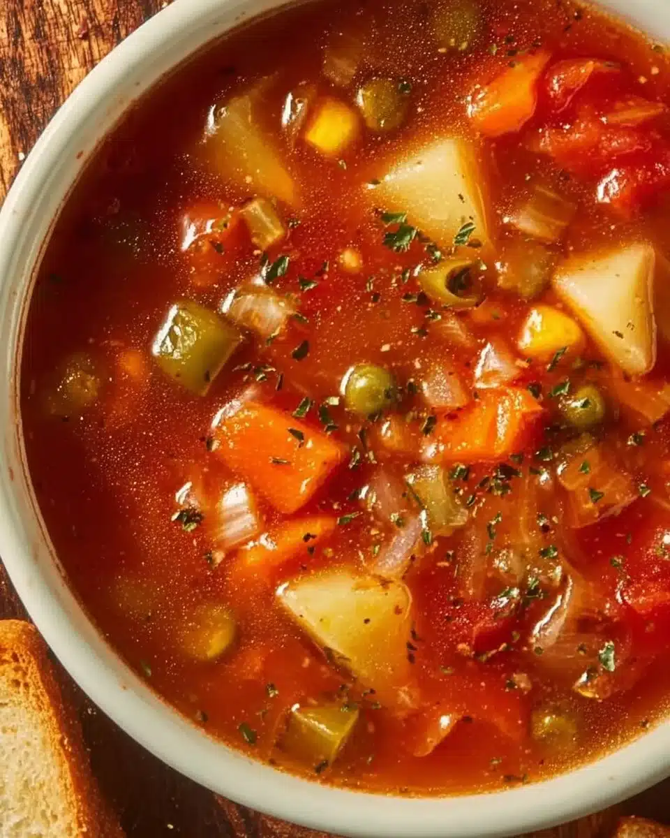 Hearty vegetable soup filled with fresh vegetables in a bowl