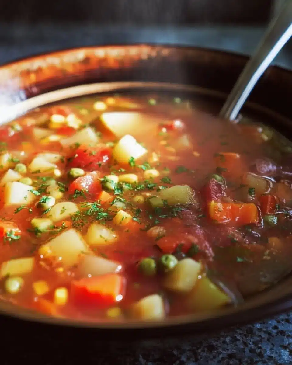 Bowl of hearty vegetable soup with fresh vegetables and herbs