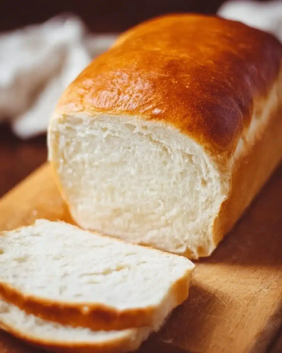 Loaf of homemade Amish white bread cooling on a kitchen counter