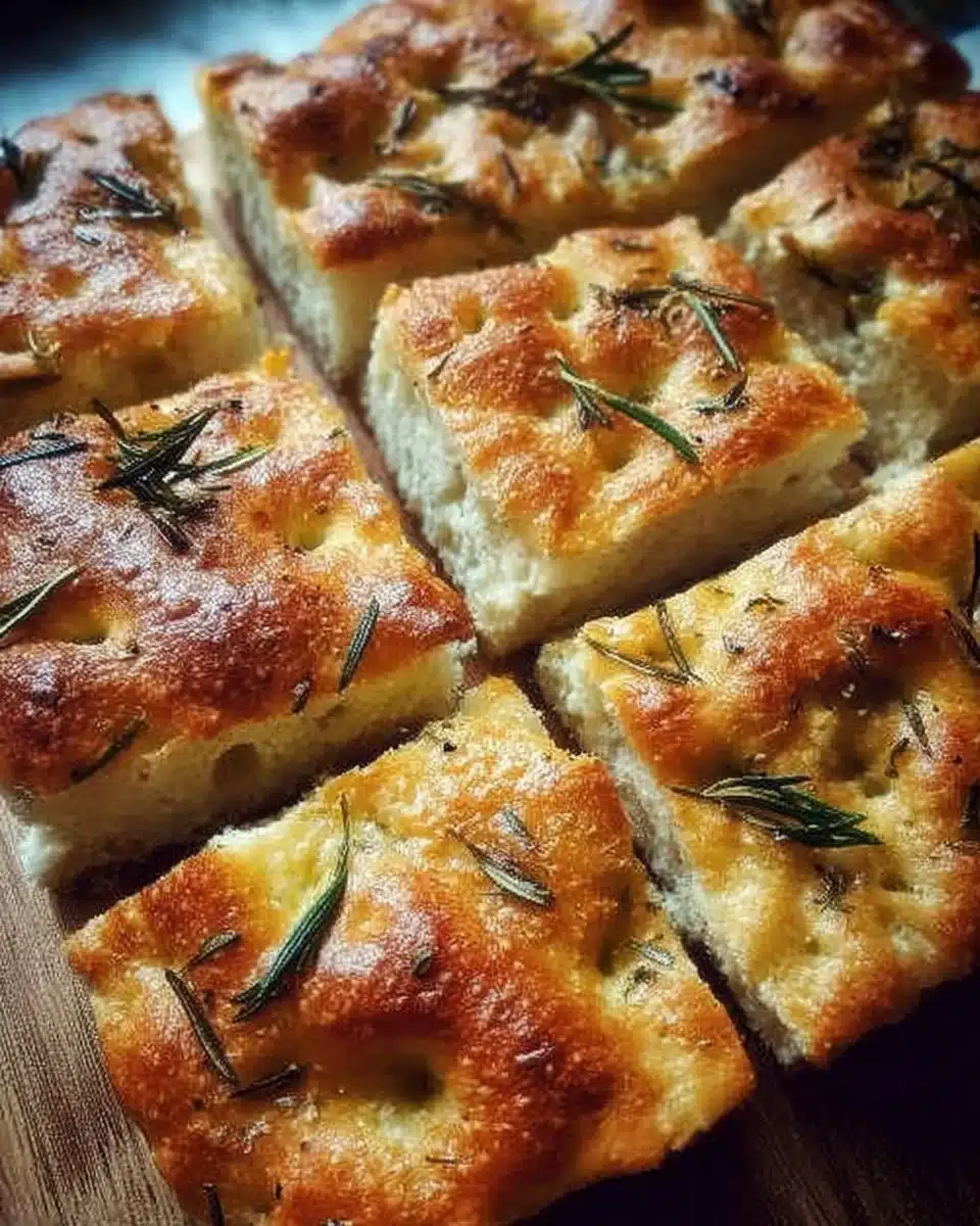 Freshly baked homemade focaccia bread topped with herbs and olive oil.