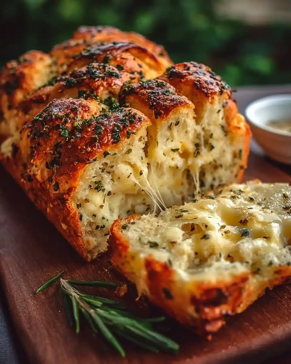 Freshly baked Italian Herb and Cheese Bread with herbs and cheese topping