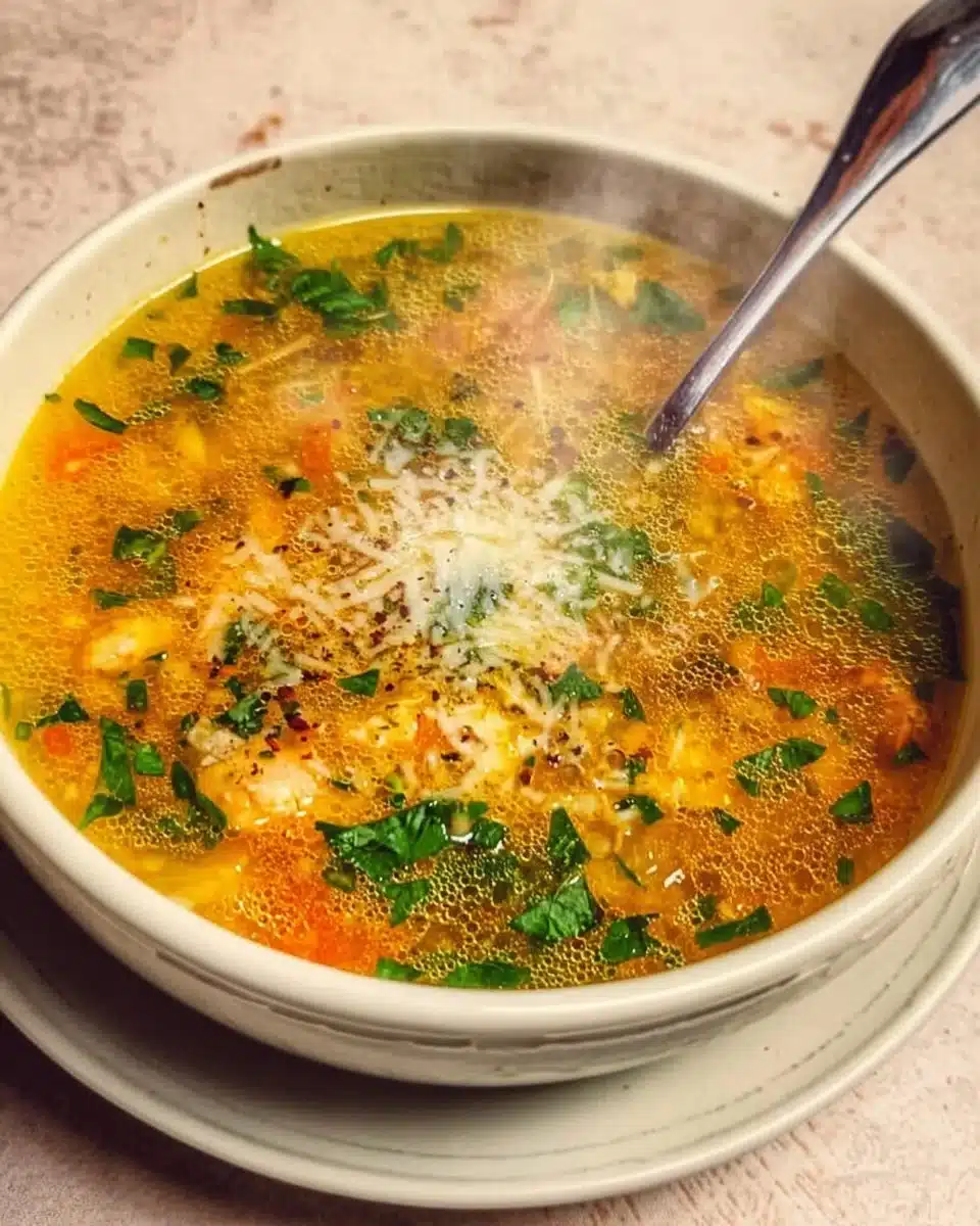 A bowl of Italian Penicillin Soup filled with fresh ingredients and herbs.