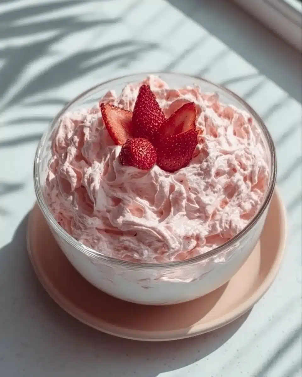Light and Creamy Pink Fluff dessert in a bowl with a spoon