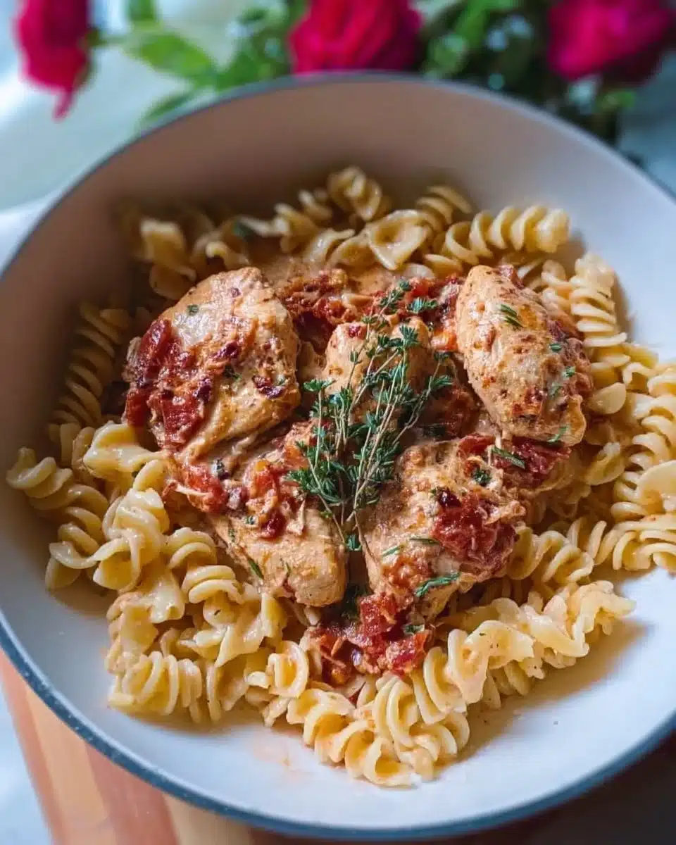 Marry Me Chicken Pasta served on a plate with fresh herbs and parmesan cheese