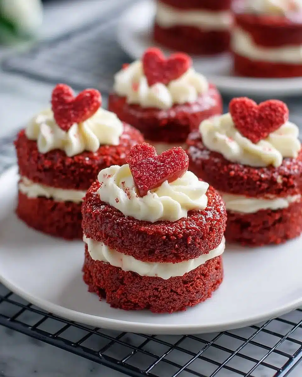 Mini red velvet cakes topped with cream cheese frosting and decorative sprinkles