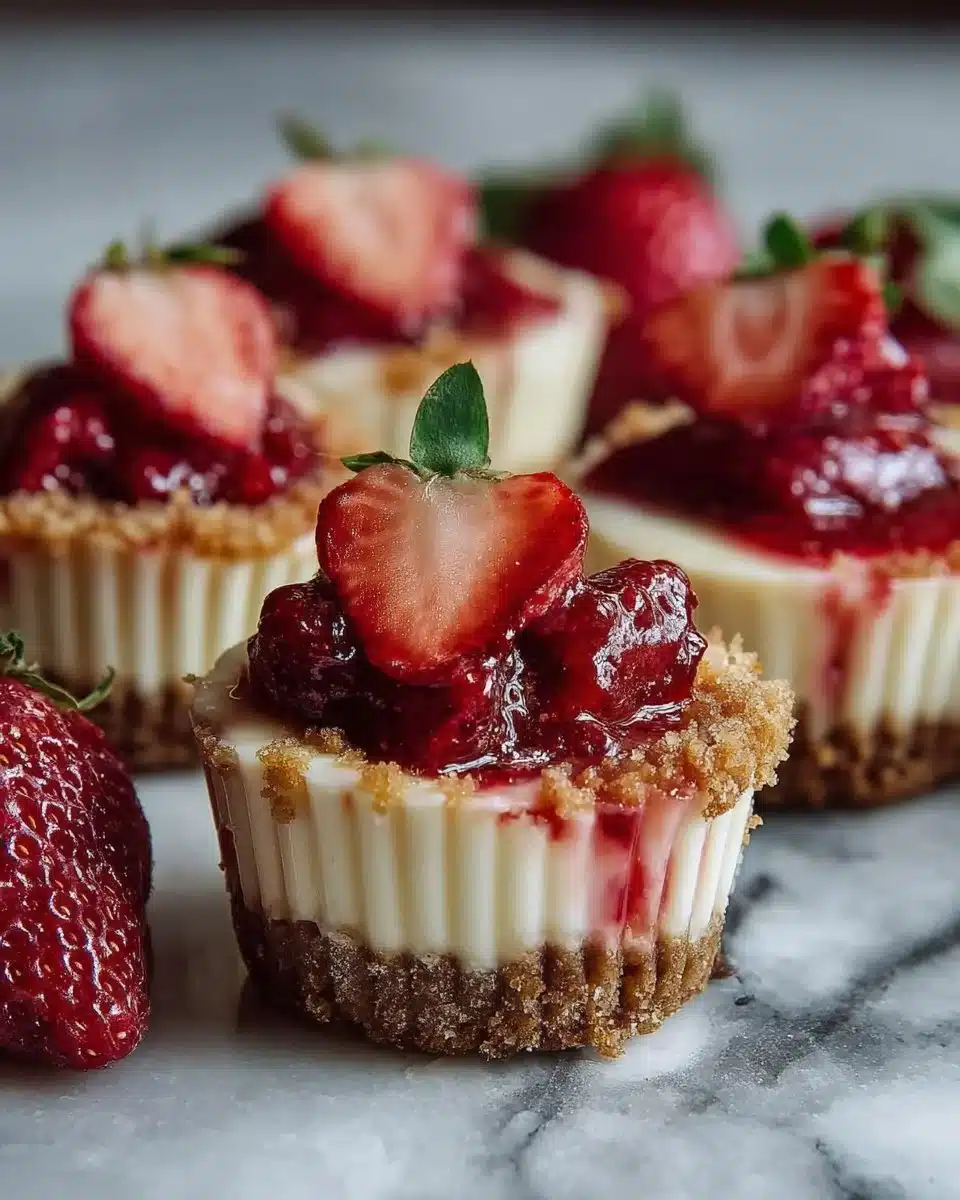 Mini strawberry cheesecakes topped with fresh strawberries and whipped cream
