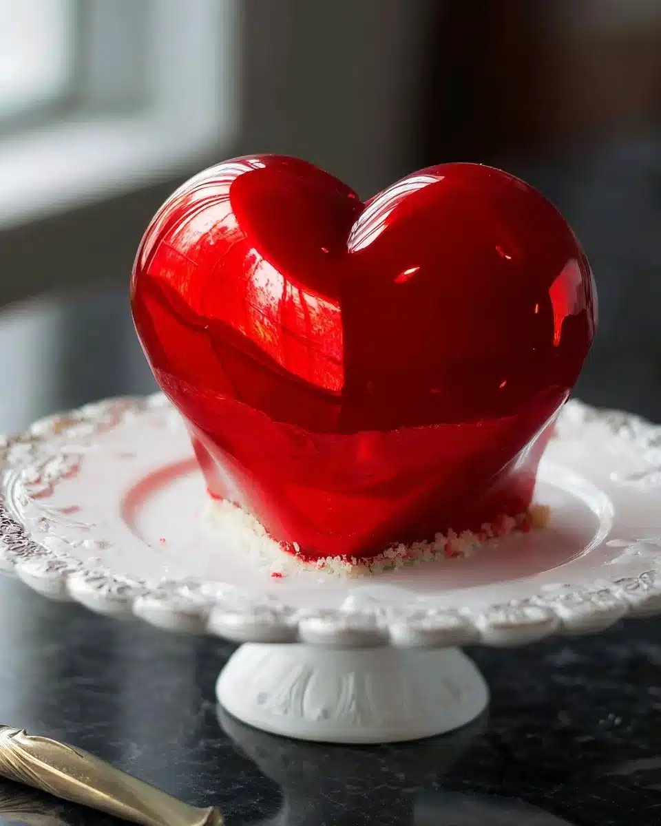 Mirror Glaze Heart Cake decorated with a shiny finish and heart-shaped design