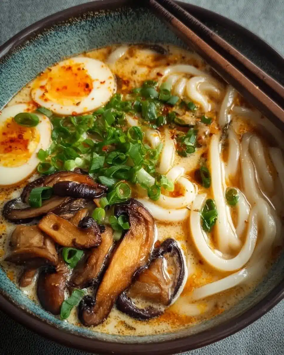 Bowl of miso udon noodle soup topped with teriyaki mushrooms