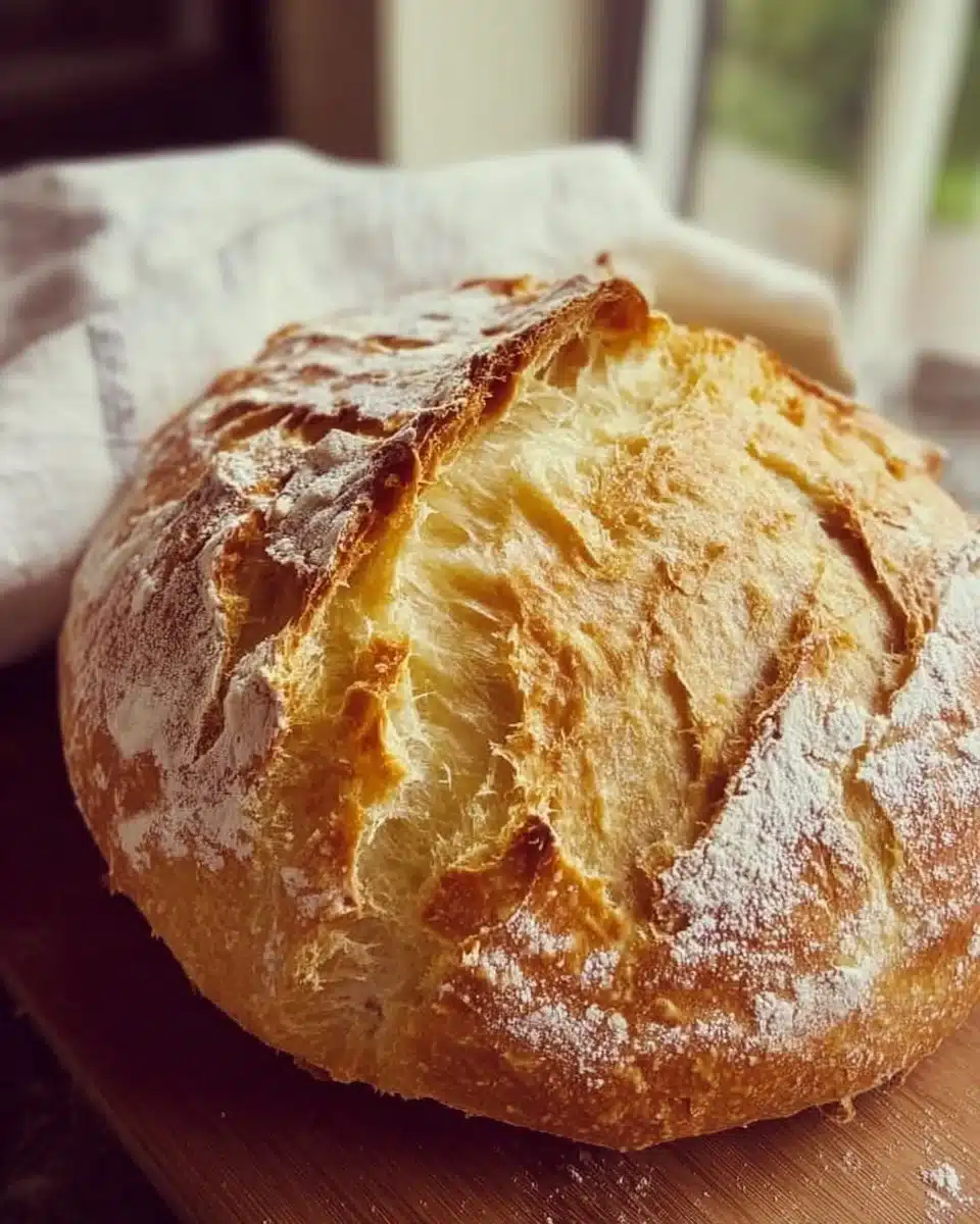 Freshly baked no-knead artisan bread loaf on a wooden table.