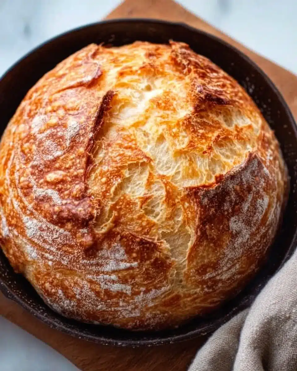 Freshly baked No Knead Dutch Oven Bread in a rustic setting