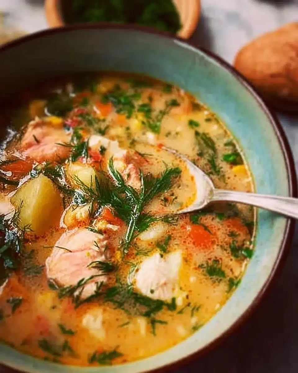 Delicious bowl of Norwegian fish soup with fresh herbs and seafood