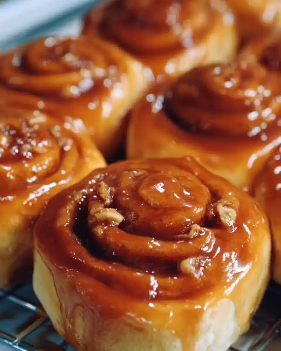 Homemade old-fashioned caramel rolls with rich caramel glaze