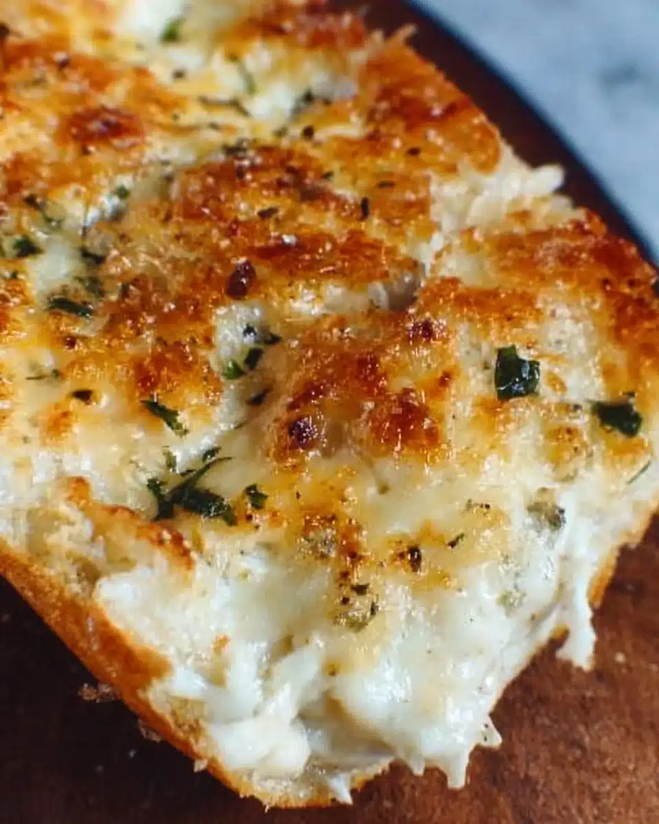 Outrageous cheesy garlic bread topped with melted cheese and garlic.
