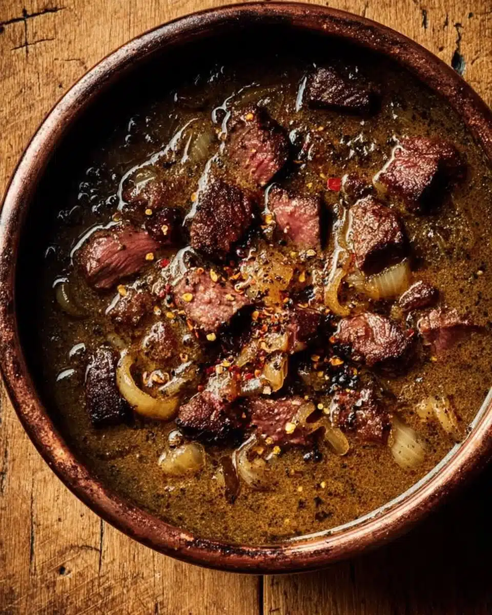 Bowl of delicious Peppercorn Steak Soup garnished with fresh herbs