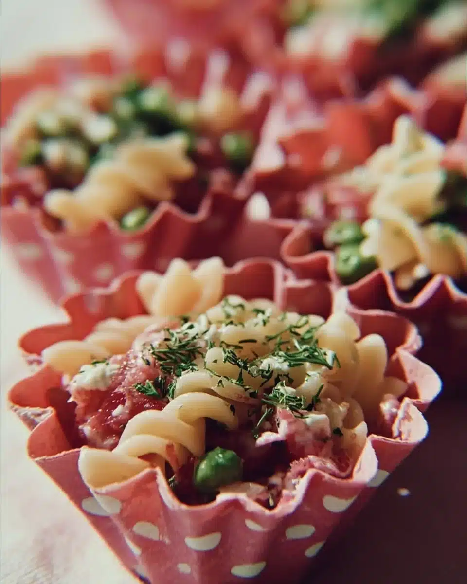 Petal-Pink Pasta Salad Cups garnished with vegetables in elegant serving cups.