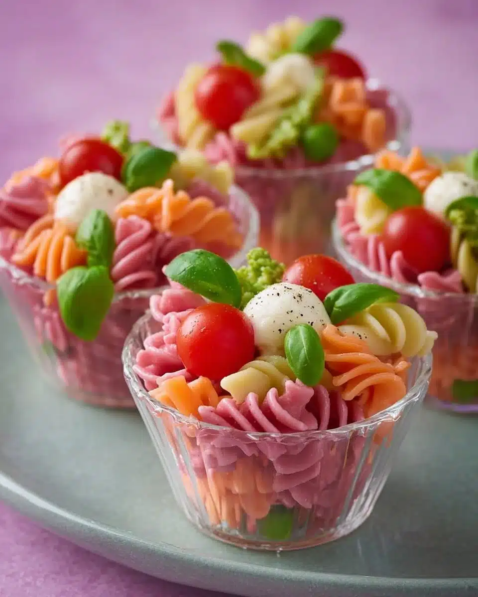 Colorful pink pasta salad cups filled with delicious ingredients and garnished.