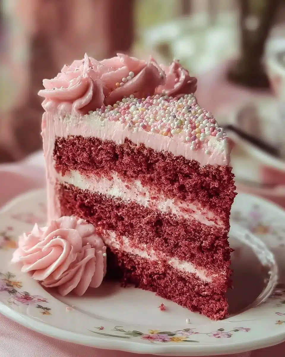 Delicious pink velvet cake with cream cheese frosting on a white plate.
