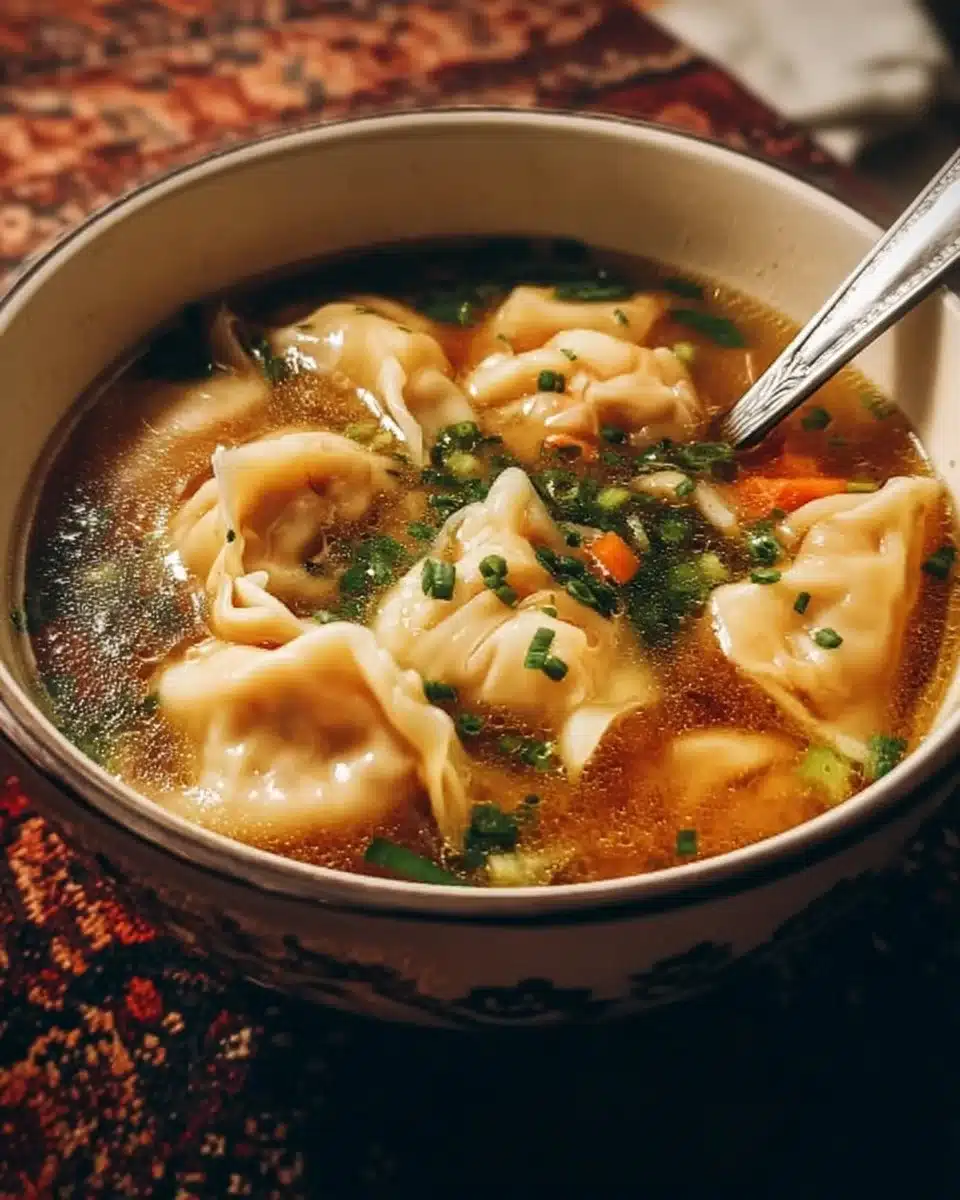 Bowl of delicious homemade Potsticker Soup with dumplings and green onions