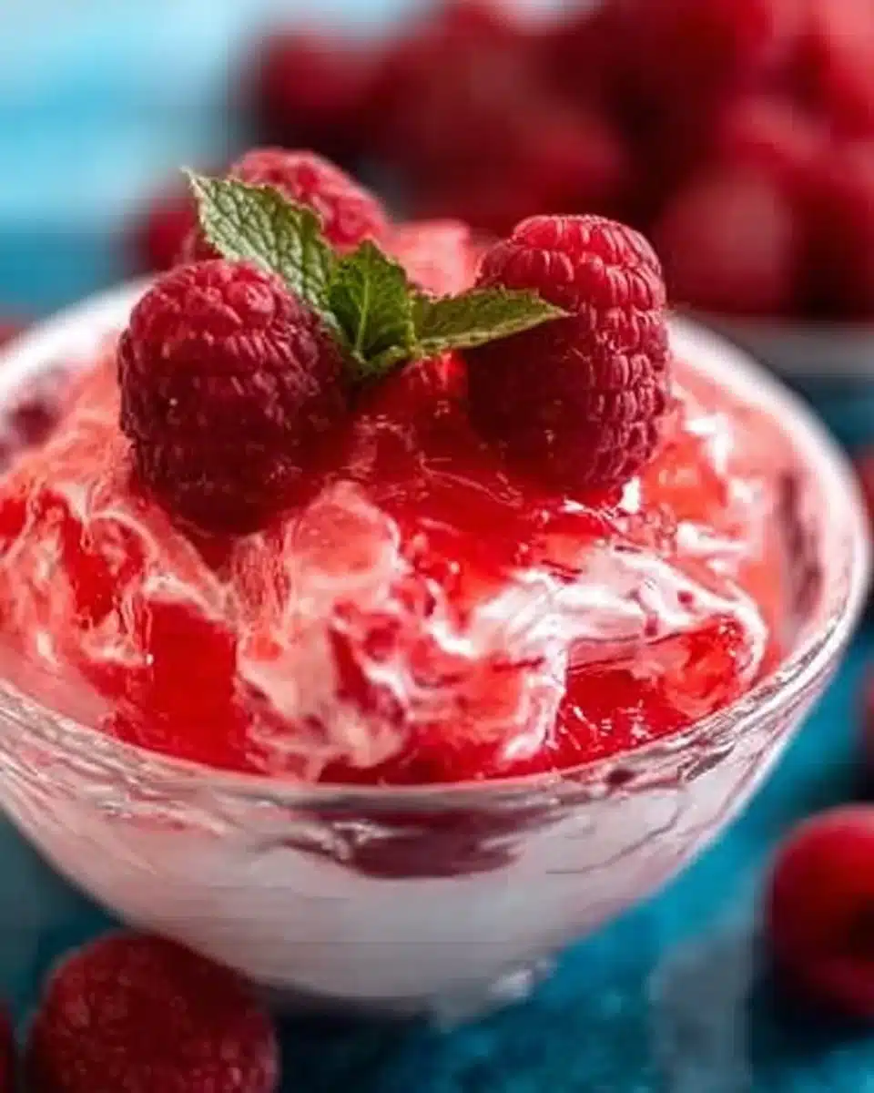 Delicious Raspberry Fluff Jello Salad in a bowl ready to serve