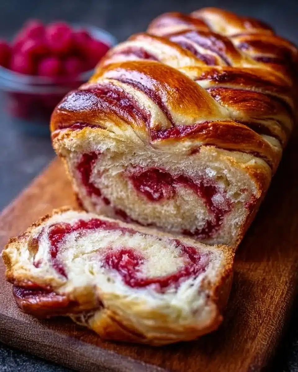 Delicious Raspberry Swirl Brioche Loaf with fresh raspberry swirls