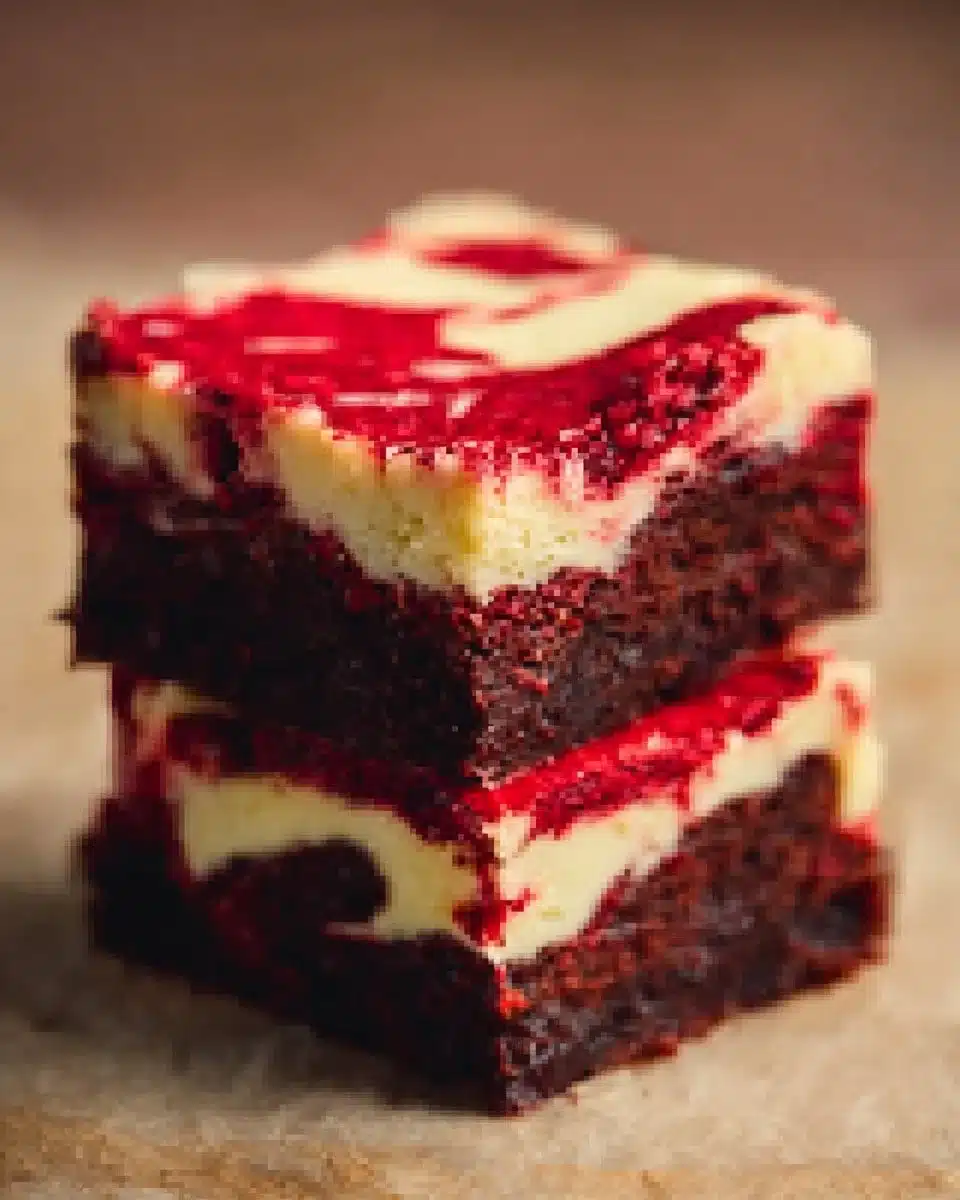 Red velvet cheesecake brownies topped with creamy cheesecake layer