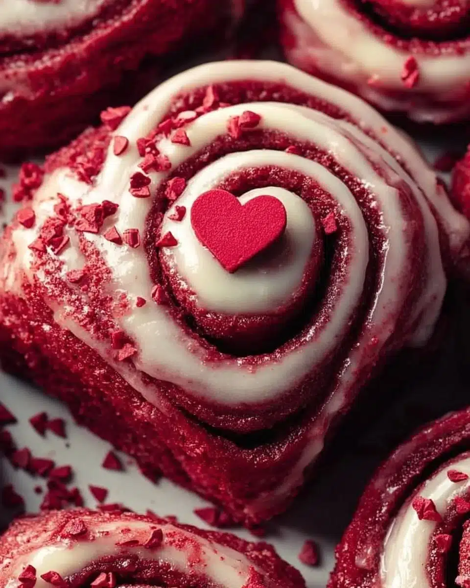Red Velvet Valentine's Day cinnamon rolls decorated with cream cheese frosting
