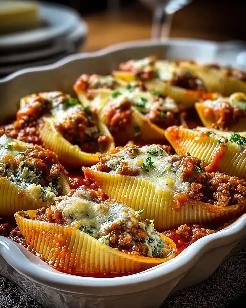 Plate of Ricotta Beef Stuffed Shells garnished with herbs
