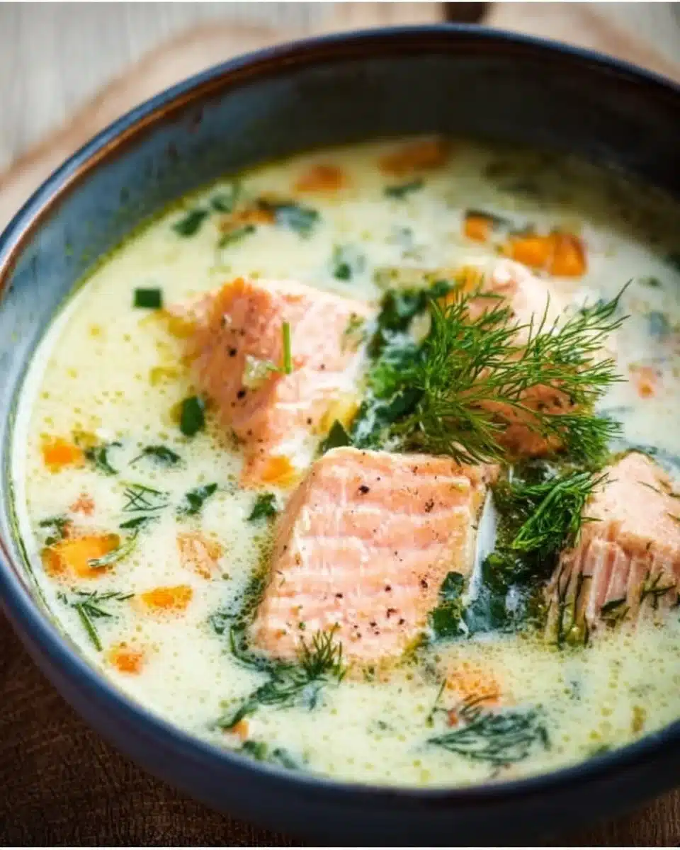 Bowl of rich and creamy salmon soup topped with fresh herbs.