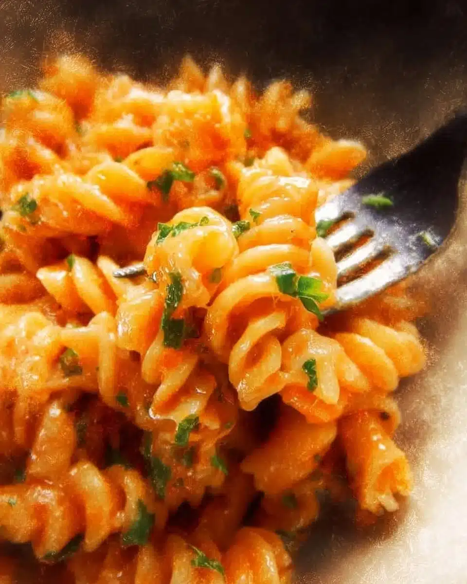 Plate of spicy pasta garnished with herbs and red pepper flakes