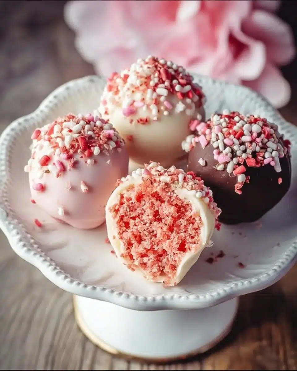 Strawberry cake truffles decorated with fresh strawberries on a white plate