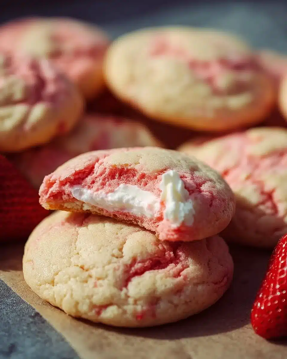 Delicious strawberry cheesecake cookies with creamy topping and fresh strawberries
