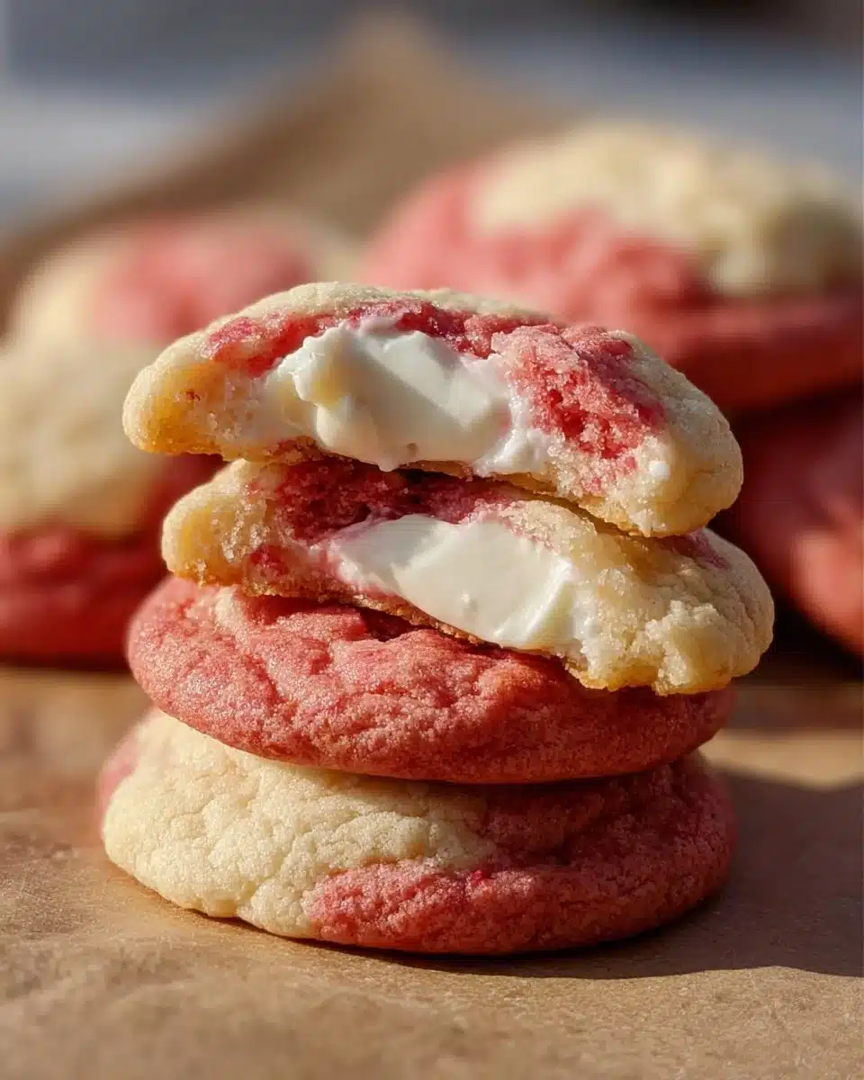 Delicious strawberry cheesecake cookies stacked on a plate