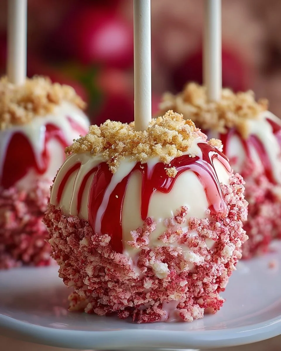 Strawberry Crunch Cheesecake Candy Apples with a delicious crunchy topping