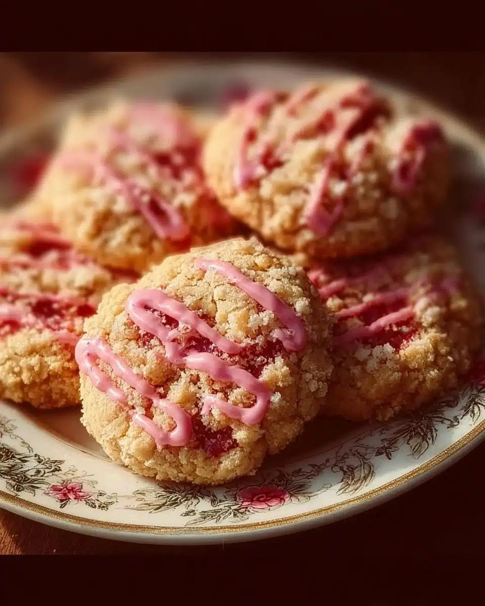Freshly baked strawberry crunch cookies with a crispy topping